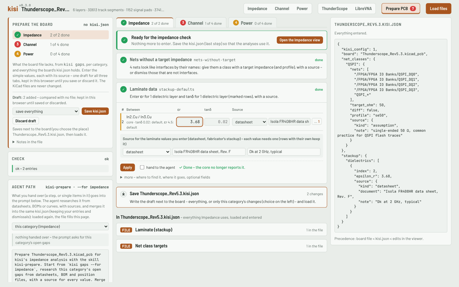 Prepare PCB page: a checklist of what the board lacks per category, with forms for the values